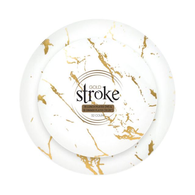Gold Stroke White  Combo Pack 16 Salad Plates (8″) + 16 Dinner Plates (10.25″)